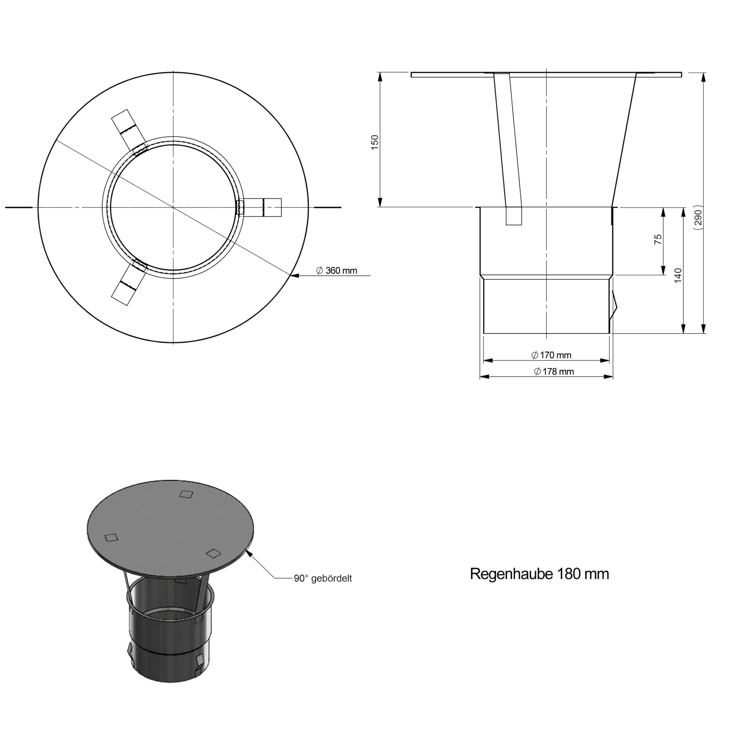 H&M Regenhaube 180mm Kaminhut Edelstahl